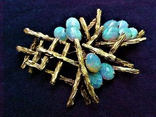 Vintage Hand Crafted Signed Mid Century Modern 14k Gold Pin W/ Exceptional Opals