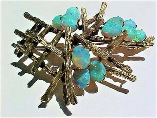 Vintage Hand Crafted Signed Mid Century Modern 14K Gold Pin w/ Exceptional Opals 3