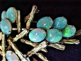 Vintage Hand Crafted Signed Mid Century Modern 14K Gold Pin w/ Exceptional Opals 6