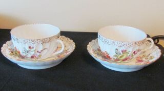 2 Antique Dresden Hand Painted Cups And Saucers Crown Mark
