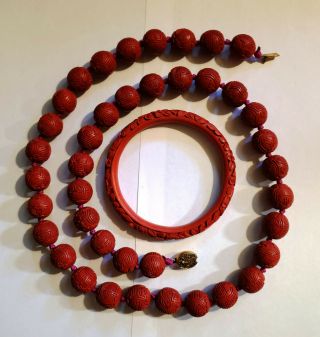 Rare Antique Vintage Chinese Carved Red Cinnabar Bead Necklace And Bangle Set