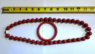 RARE ANTIQUE VINTAGE CHINESE CARVED RED CINNABAR BEAD NECKLACE AND BANGLE SET 8