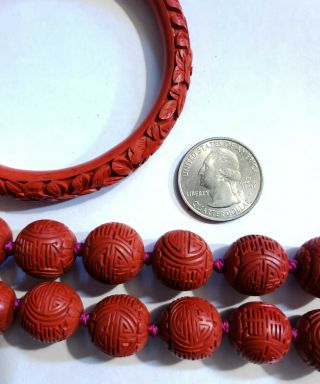 RARE ANTIQUE VINTAGE CHINESE CARVED RED CINNABAR BEAD NECKLACE AND BANGLE SET 9