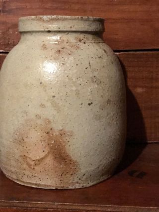 Antique Primitive Folk Art Salt Glaze Stoneware Crock Cannister Short Squat Aafa