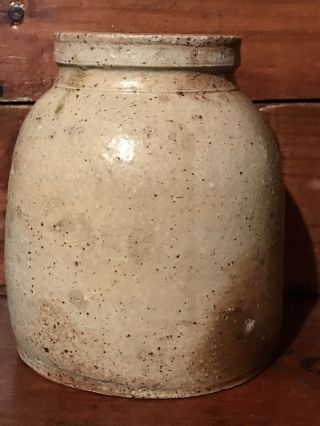 Antique Primitive Folk Art Salt Glaze Stoneware Crock Cannister Short Squat AAFA 3