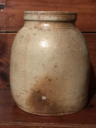 Antique Primitive Folk Art Salt Glaze Stoneware Crock Cannister Short Squat AAFA 4