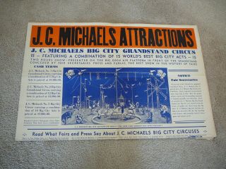 J.  C.  Michaels Attractions Circus Carnival Booking - Vintage 1939 Poster 28x42