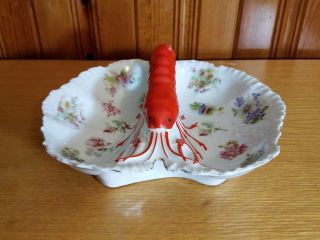 Antique Porcelain Pink Lobster Plate Divided Dish Serving Platter Bowl Floral
