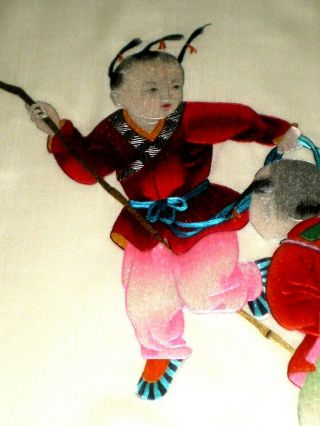 Darling Old Chinese Silk Embroidered Framed Picture Of 2 Children Playing 2 5
