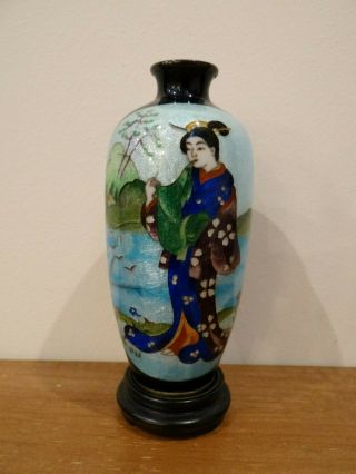 Antique Japanese Cloisonne Vase Ginbari Geisha On Blue Background
