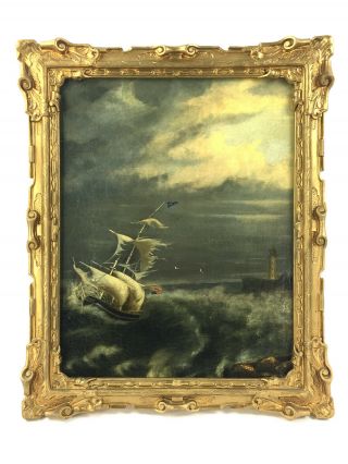 Antique 19th C.  American School Oil Painting Ship Nautical Lighthouse Stormy Sea