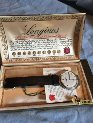 1956 Vintage 14k Gold Longines Mens Wristwatch W/original Box And Tag