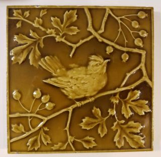 Minton China - Art Pottery Tile - Bird Decorated Glossy Gold Glaze - 6x6 Ins