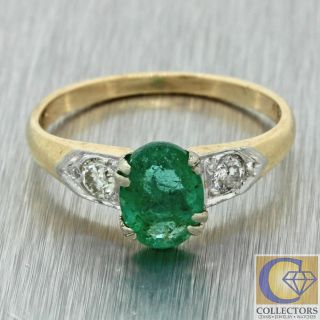 1930s Antique Art Deco Estate 14k Yellow Gold Emerald Diamond Engagement Ring