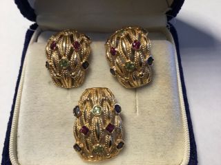 Marked 14k Y Gold Gem Set Pierced Earrings & Pendant 16.  5 Gms Signed Af