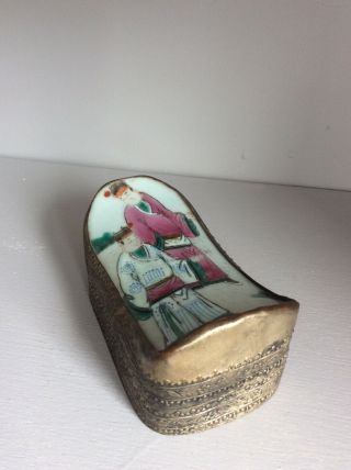 Vintage Chinese White Metal & Porcelain Topped Trinket Box Hand Painted Figures