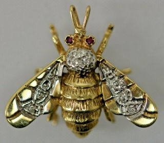 Queen Bee Brooch Pin 14k Yellow & White Gold Jm Signed Ruby Eyes W/ Diamonds