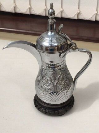 Antique Vintage Silver Coloured Coffee Pot/dallah On Wooden Stand
