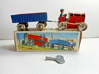 Sm Gama Tin Wind Up Cat Tractor And Wagon Toy No.  55/1 Us Zone Germany