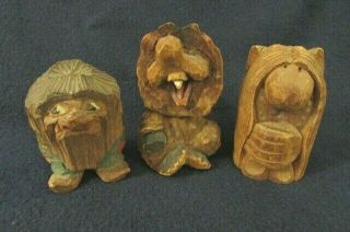 Vintage Norwegian Hand Carved Wooden Troll Figures Set Of 3