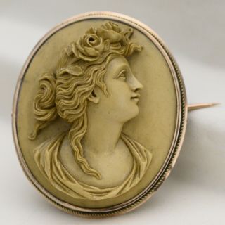 Antique Victorian 14k Gold High Relief Carved Lava Cameo Brooch Pin Pendant