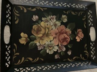 Vintage Black Metal Hand Painted Floral Art Gift Serving Tray 16.  5 X 12.  5”