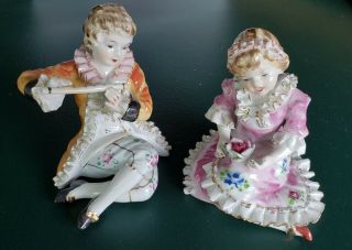 Vintage Dresden Porcelain Figurine • Boy Playing Flute & • Girl Singing 2 For 1