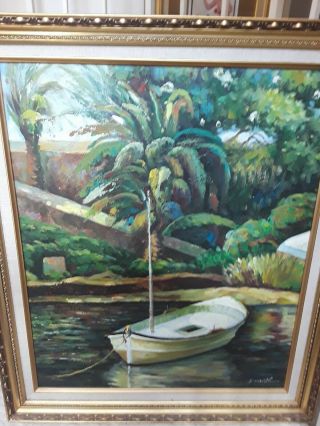 Vintage Old Palm Tree Tropical Canal Boat Signed Framed Oil On Canvas Painting