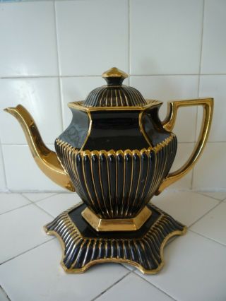 Vintage Ceramic Black & Gold Fluted Teapot & Stand Antique English Ca 1940s - 50s