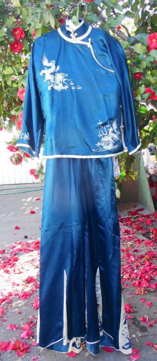 Women’s Antique Chinese Silk Embroidered Top And Pants Set Blue Medium 1930 