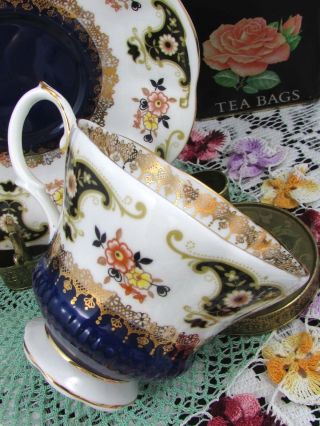 ROYAL ALBERT DORCHESTER COBALT FANCY GOLD FLORAL TEA CUP AND SAUCER 3