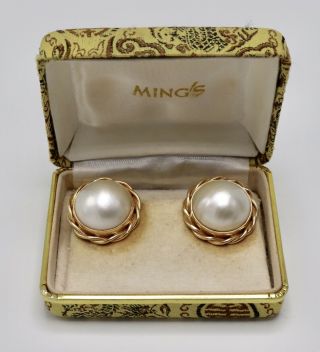 Vintage Ming’s Hawaii 14k Yellow Gold 18mm Mabe Pearl Ear Clips Earrings,  Box