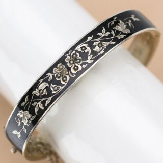 Antique Victorian Mourning Swedish Silver Enamel Seed Pearl Flower Bracelet
