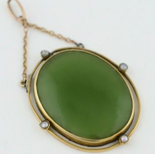 Antique Victorian Edwardian 10k Gold Natural Jadeite Jade Seed Pearl Pendant