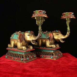 Chinese Antique Tibetan Buddhism Hand - Set Gems Turquoise Elephant Oil Lamp