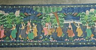 Vintage Indian Frameless Krishna Picture On Silk 204 Cm Long X 76 Cm Wide