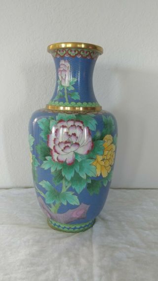 Vintage Cloisonne Enamel Asian Vase 12in.  Blue Floral Brass