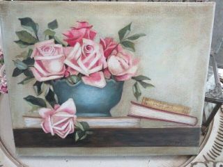Gorgeous Vintage Rose Oil Painting Pink Roses In Vase With Books On Canvas