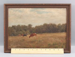 19thc Antique American Impressionist Country Cow Landscape Oil Painting,  Nr