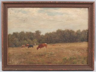 19thC Antique American Impressionist Country Cow Landscape Oil Painting,  NR 2