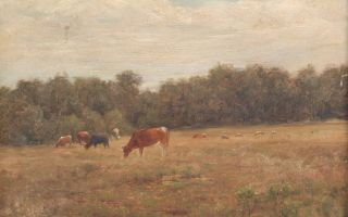 19thC Antique American Impressionist Country Cow Landscape Oil Painting,  NR 3