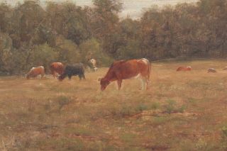 19thC Antique American Impressionist Country Cow Landscape Oil Painting,  NR 4