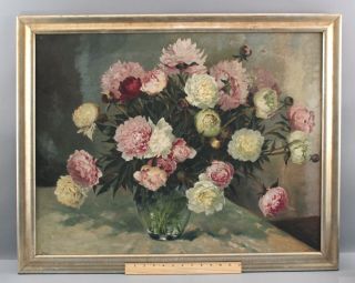 Large Antique Josef Yos Sussmeier German Peony Flower Stillife Oil Painting