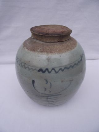 Antique Chinese Large Stoneware Preserve Ginger Jar,  With Lid