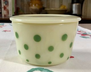 Vintage Mckee Green Dots On Custard Small Round Canister Dish & Lid 20 Oz.