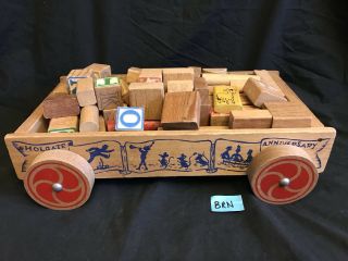 Vtg Holgate Building Blocks Wood Wooden Wagon Pull Toy Play Set