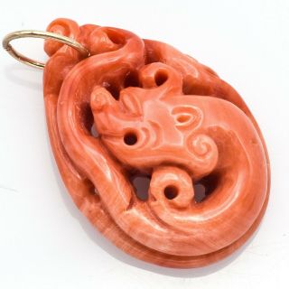Vintage 14k Yellow Gold Carved Red Coral Dragon Pendant 6.  0 Grams
