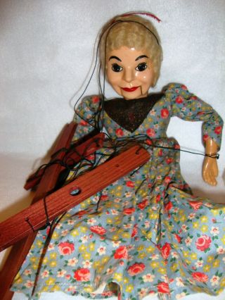 Vintage Woman Lady Marionette Blue Floral Dress String Puppet