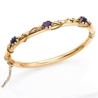 Vintage 14k Yellow Gold 1.  35 Tcw Amethyst Hinged Bangle Bracelet 13.  5 Grams