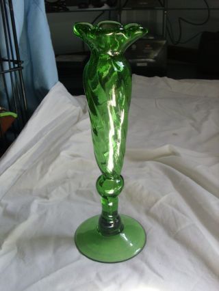 Vintage Emerald Green Art Glass Footed Swirl Vase